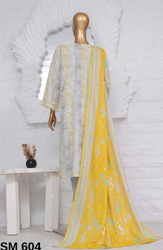 Bin Saeed Printed Lawn Stitched 3 Piece - SM-604 - BS25EL - Grey - Summer Collection