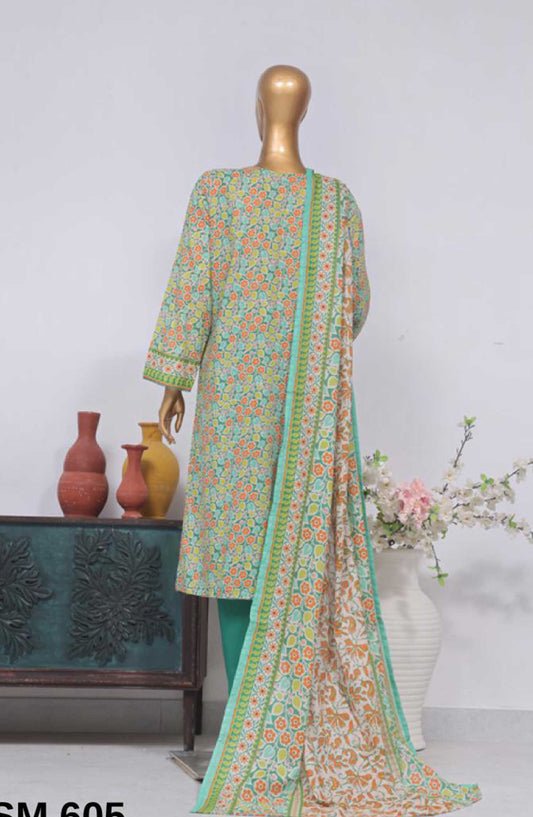 Bin Saeed Printed Lawn Stitched 3 Piece - SM-605 - BS25EL - Green - Summer Collection