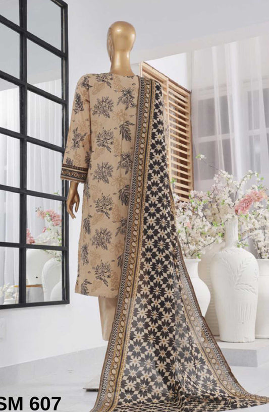 Bin Saeed Printed Lawn Stitched 3 Piece - SM-607 - BS25EL - Brown - Summer Collection