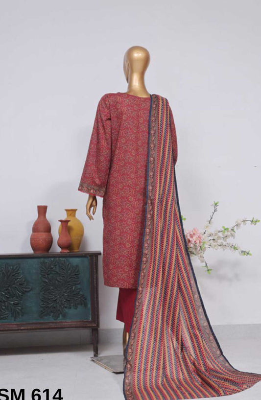 Bin Saeed Printed Lawn Stitched 3 Piece - SM-614 - BS25EL - Burgundy Red - Summer Collection