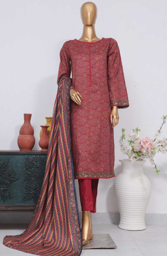 Bin Saeed Printed Lawn Stitched 3 Piece - SM-614 - BS25EL - Burgundy Red - Summer Collection
