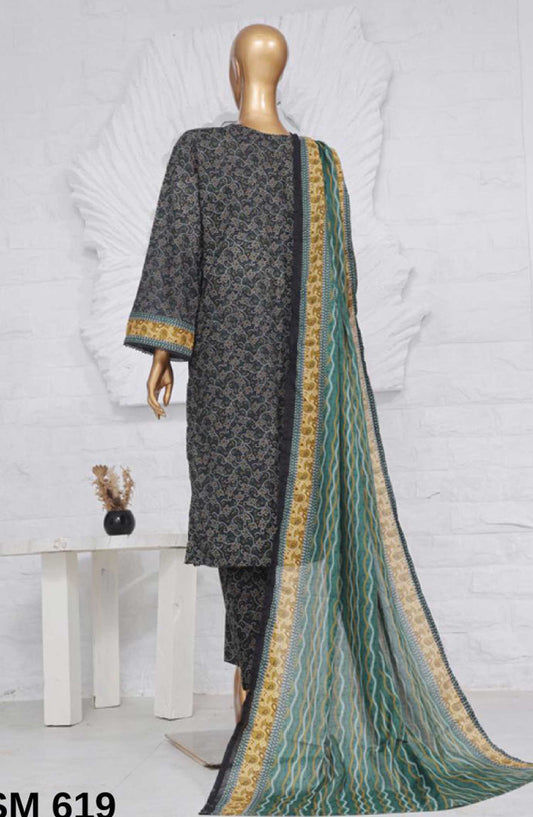 Bin Saeed Printed Lawn Stitched 3 Piece - SM-619 - BS25EL - Dark Grey - Summer Collection