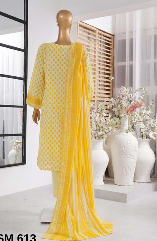 Bin Saeed Printed Lawn Stitched 3 Piece - SM-713 - BS25EL - Creamy Yellow - Summer Collection