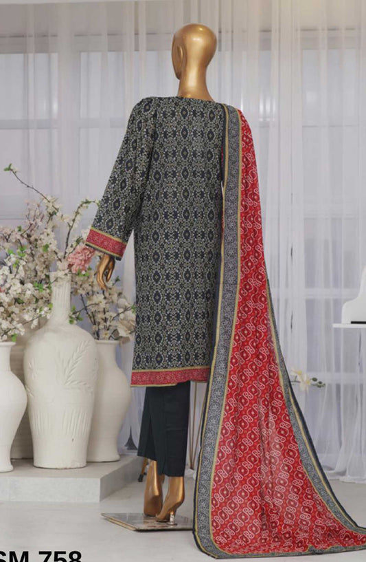 Bin Saeed Printed Lawn Stitched 3 Piece - SM-758 - BS25EL - Dark Grey - Summer Collection