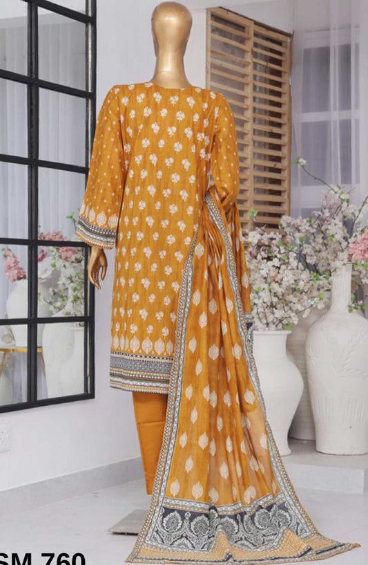 Bin Saeed Printed Lawn Stitched 3 Piece - SM-760 - BS25EL - Mustard - Summer Collection
