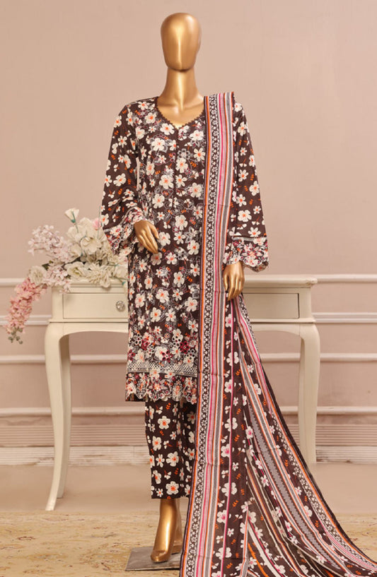 Bin Saeed Embroidered Lawn Stitched 3 Piece Suit - SM-805 - BS25ELCV4 - Brown - Summer Collection