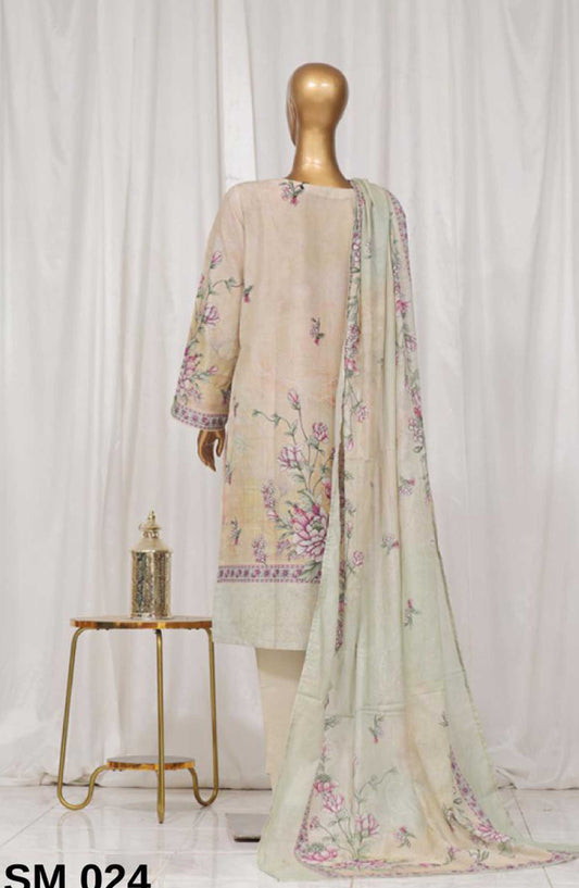 Bin Saeed Printed Lawn Stitched 3 Piece - SM 024 - BS25EL - Cream - Summer Collection