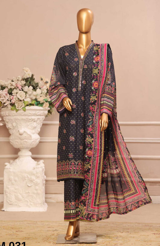 Bin Saeed Embroidered Lawn Stitched 3 Piece - SM 031 - BS25SM - Dark Grey - Summer Collection