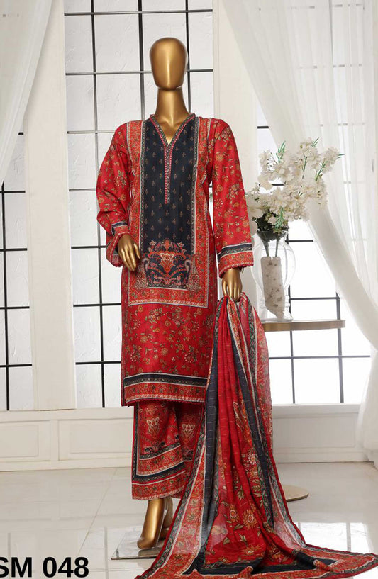 Bin Saeed Printed Lawn Stitched 3 Piece - SM 048 - BS25EL - Poppy Red - Summer Collection