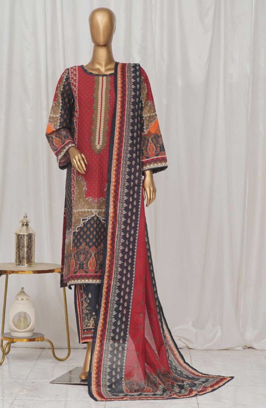 Bin Saeed Printed Lawn Stitched 3 Piece - SM 048 a - BS25EL - Red - Summer Collection