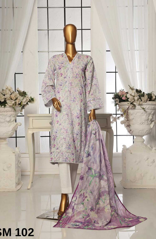 Bin Saeed Printed Lawn Stitched 3 Piece - SM 102 - BS25EL - Greyish Purple - Summer Collection