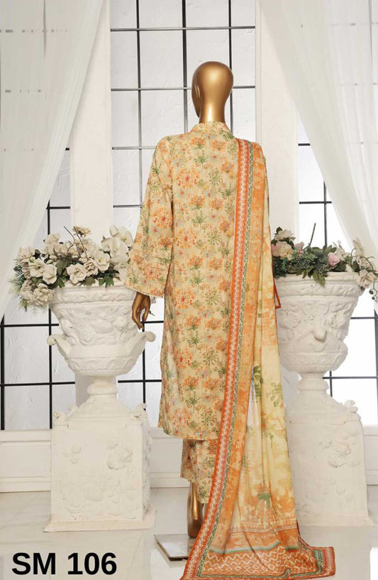 Bin Saeed Printed Lawn Stitched 3 Piece - SM 106 - BS25EL - Poppy Red - Summer Collection