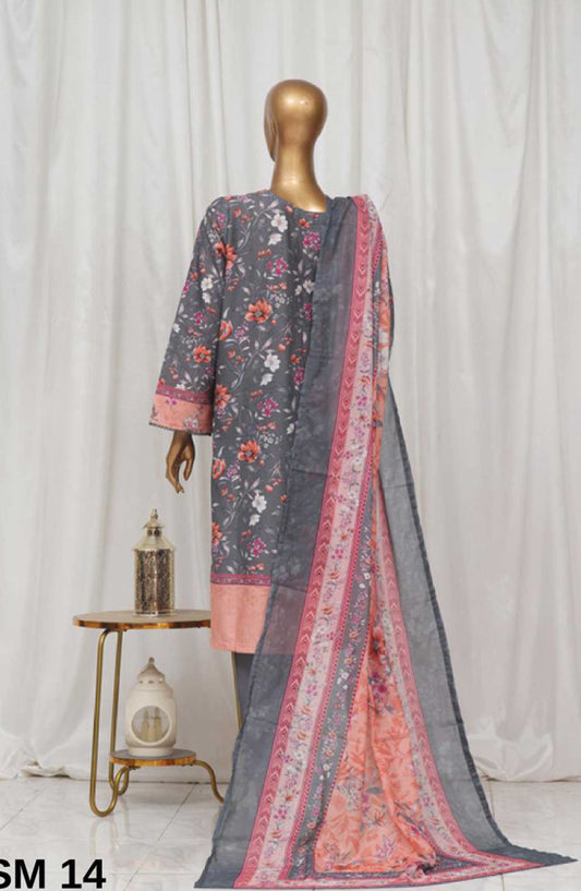 Bin Saeed Printed Lawn Stitched 3 Piece - SM 14 - BS25EL - Dark Grey - Summer Collection