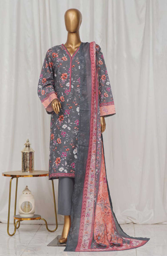Bin Saeed Printed Lawn Stitched 3 Piece - SM 14 - BS25EL - Dark Grey - Summer Collection