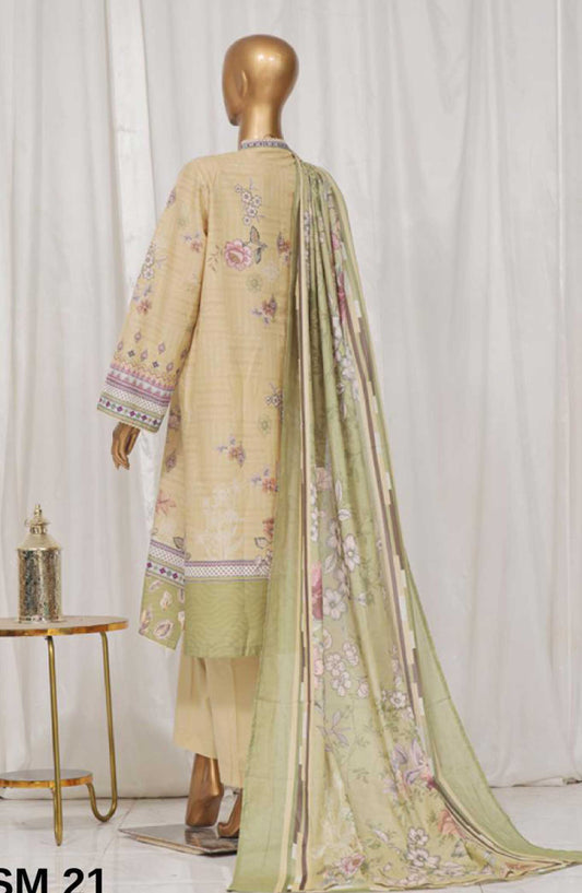 Bin Saeed Printed Lawn Stitched 3 Piece - SM 21 - BS25EL - Creamy Yellow - Summer Collection