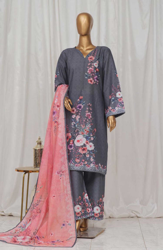 Bin Saeed Printed Lawn Stitched 3 Piece - SM 27 - BS25EL - Dark Grey - Summer Collection