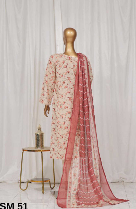 Bin Saeed Printed Lawn Stitched 3 Piece - SM 51 - BS25EL - Cream - Summer Collection