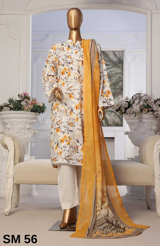 Bin Saeed Printed Lawn Stitched 3 Piece - SM 56 A - BS25EL - White - Summer Collection