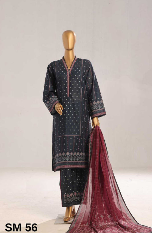Bin Saeed Printed Lawn Stitched 3 Piece - SM 56 B - BS25EL - Dark Grey - Summer Collection