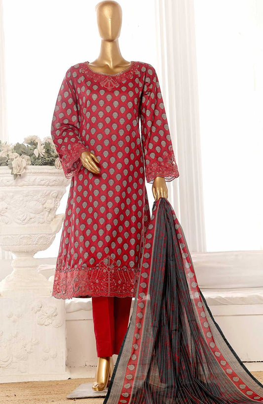 Bin Saeed Embroidered Lawn Frock Stitched 3 Piece - SM 595 - BS25LF - Red - Summer Collection