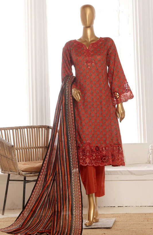 Bin Saeed Embroidered Lawn Frock Stitched 3 Piece - SM 601 - BS25LF - Red - Summer Collection