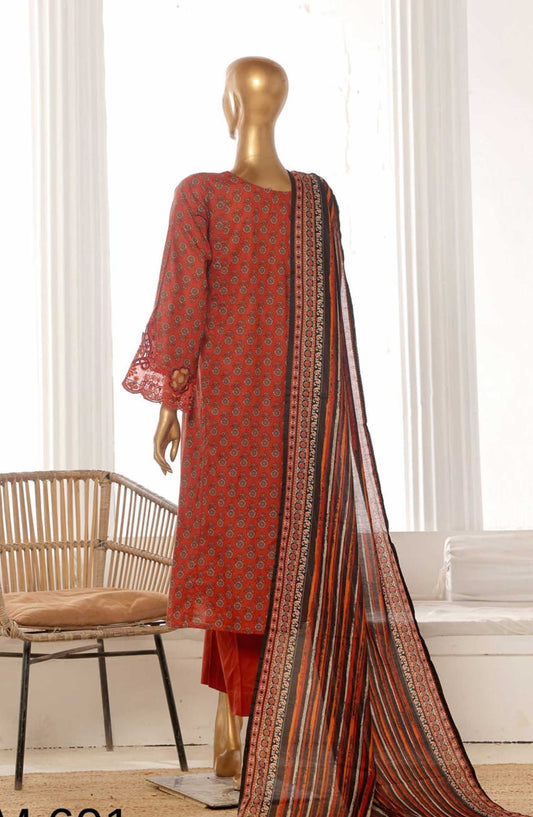 Bin Saeed Embroidered Lawn Frock Stitched 3 Piece - SM 601 - BS25LF - Red - Summer Collection
