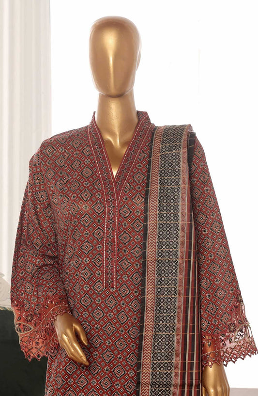 Bin Saeed Embroidered Lawn Frock Stitched 3 Piece - SM 630 - BS25LF - Maroon - Summer Collection