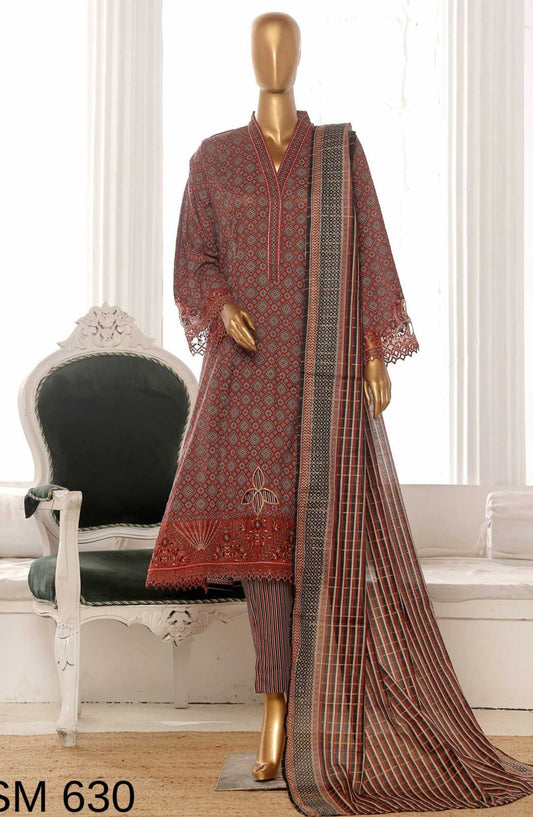 Bin Saeed Embroidered Lawn Frock Stitched 3 Piece - SM 630 - BS25LF - Maroon - Summer Collection