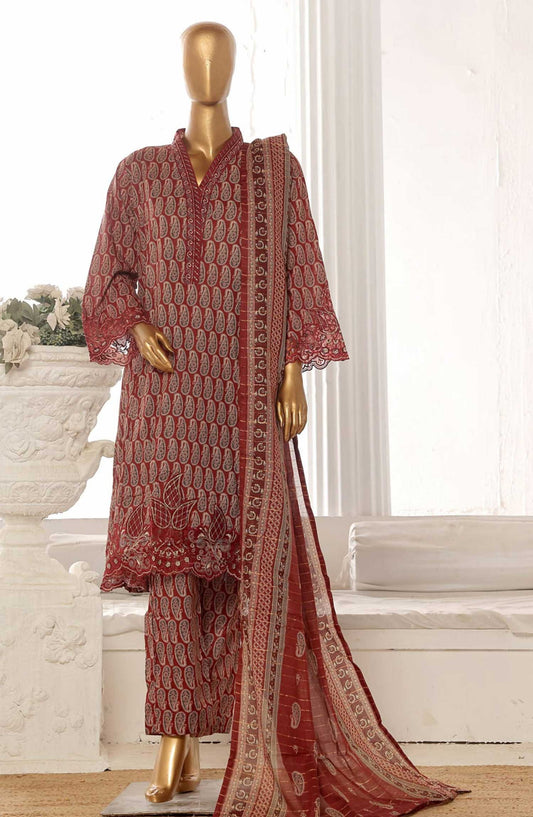 Bin Saeed Embroidered Lawn Frock Stitched 3 Piece - SM 631 - BS25LF - Maroon - Summer Collection