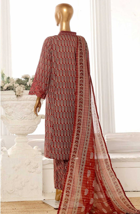 Bin Saeed Embroidered Lawn Frock Stitched 3 Piece - SM 631 - BS25LF - Maroon - Summer Collection