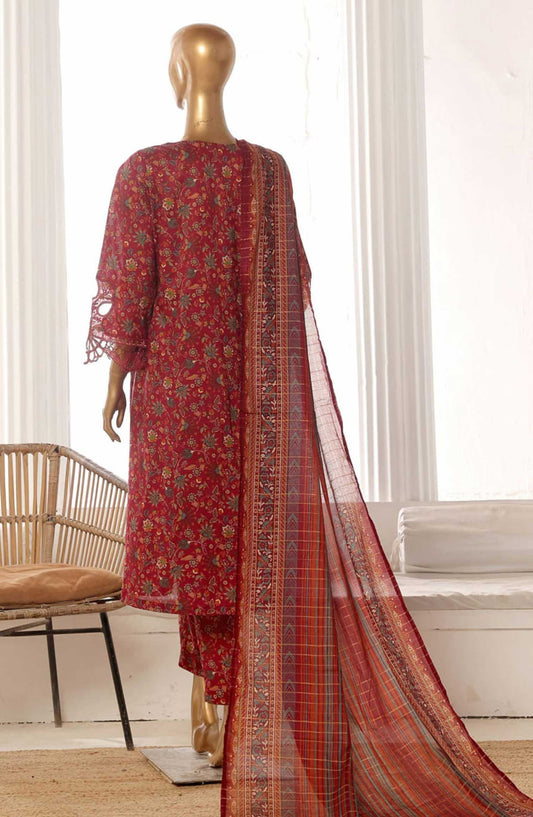 Bin Saeed Embroidered Lawn Frock Stitched 3 Piece - SM 635 - BS25LF - Red - Summer Collection
