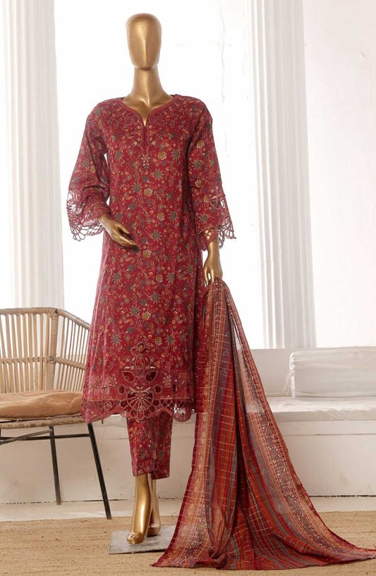 Bin Saeed Embroidered Lawn Frock Stitched 3 Piece - SM 635 - BS25LF - Red - Summer Collection