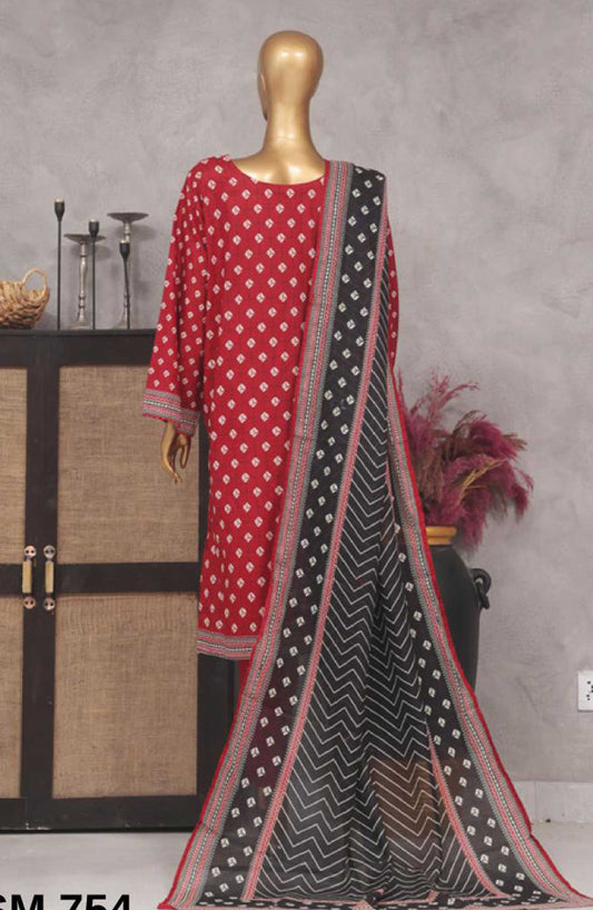 Bin Saeed Printed Lawn Stitched 3 Piece - SM 754 - BS25EL - Red - Summer Collection