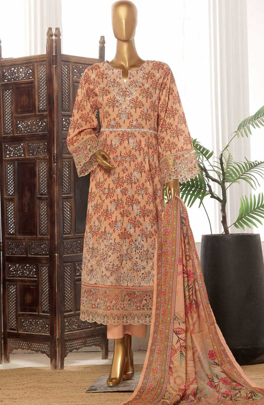 Bin Saeed Embroidered Lawn Frock Stitched 3 Piece - SM 773 - BS25LF - Peach - Summer Collection