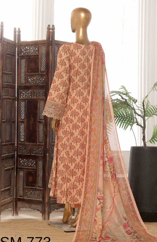 Bin Saeed Embroidered Lawn Frock Stitched 3 Piece - SM 773 - BS25LF - Peach - Summer Collection
