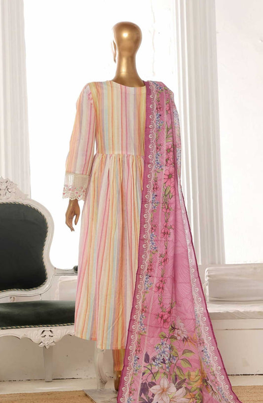 Bin Saeed Embroidered Lawn Frock Stitched 3 Piece - SM 778 - BS25LF - Cream - Summer Collection