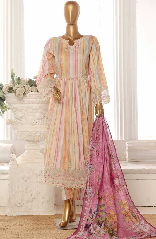 Bin Saeed Embroidered Lawn Frock Stitched 3 Piece - SM 778 - BS25LF - Cream - Summer Collection