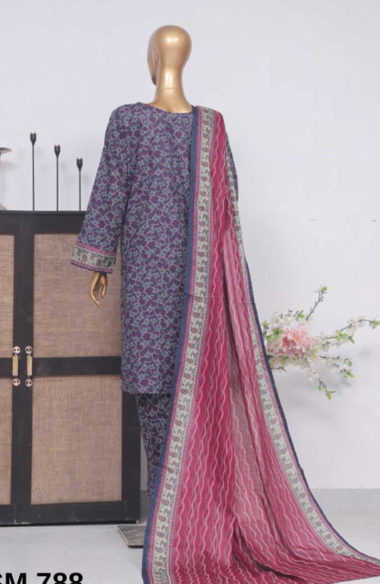 Bin Saeed Printed Lawn Stitched 3 Piece - SM 788 - BS25EL - Dark Blue - Summer Collection