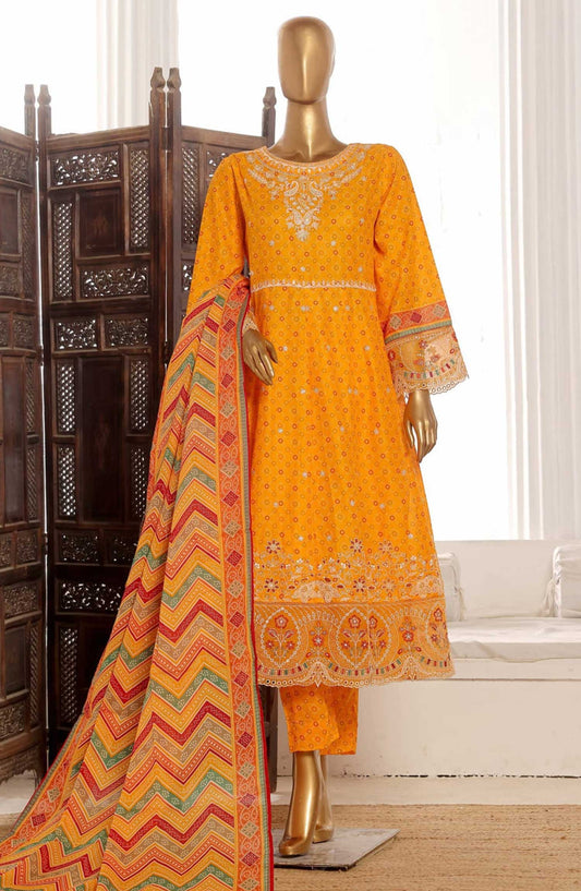 Bin Saeed Embroidered Lawn Frock Stitched 3 Piece - SM 791 - BS25LF - Yellow - Summer Collection