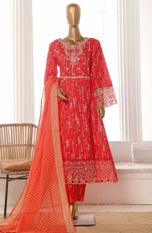 Bin Saeed Embroidered Lawn Frock Stitched 3 Piece - SM 798 - BS25LF - Red - Summer Collection
