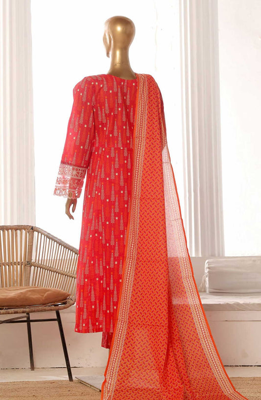 Bin Saeed Embroidered Lawn Frock Stitched 3 Piece - SM 798 - BS25LF - Red - Summer Collection