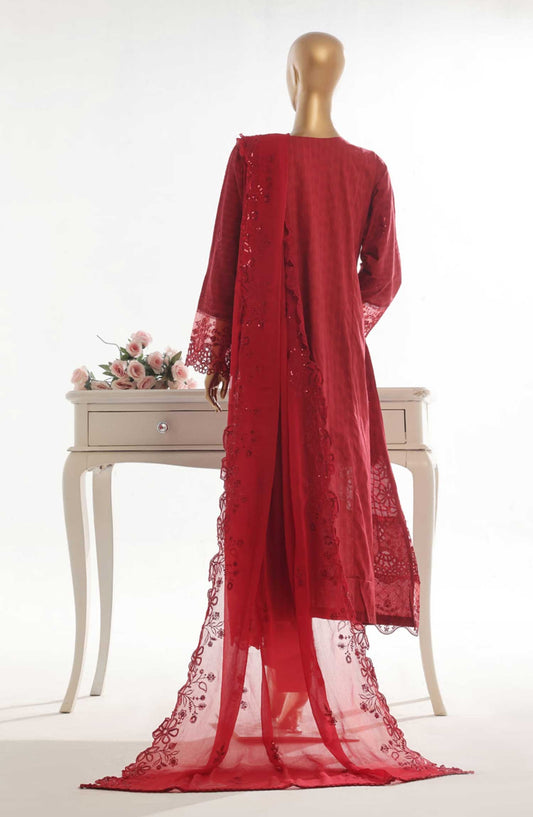 Bin Saeed Embroidered Lawn Stitched 3 Piece Frock - SMK 102B - BS25LF - Red - Summer Collection