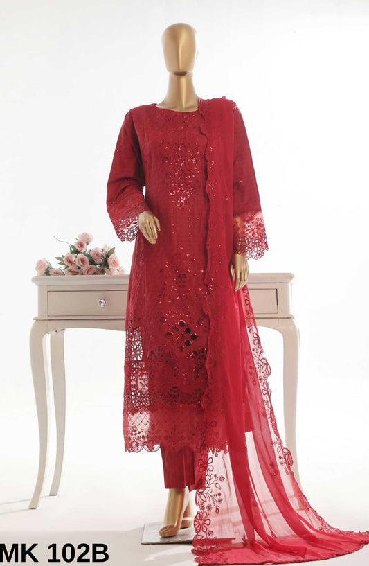Bin Saeed Embroidered Lawn Stitched 3 Piece Frock - SMK 102B - BS25LF - Red - Summer Collection