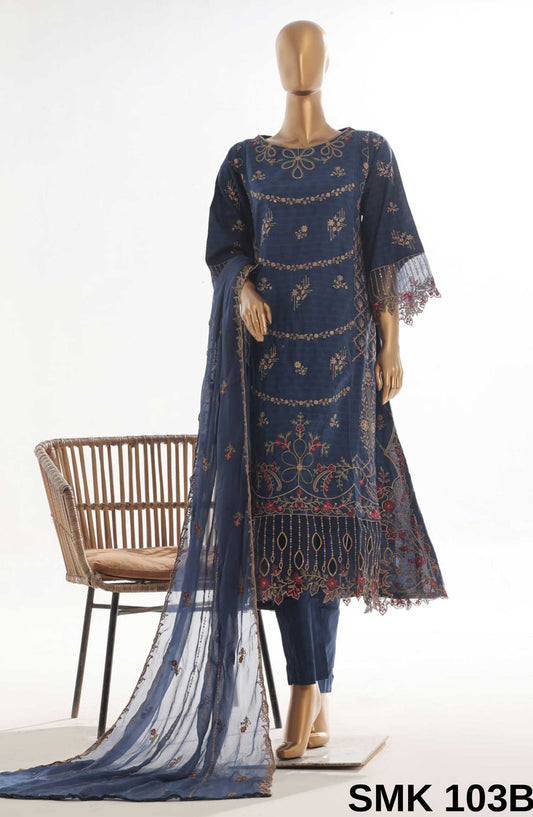 Bin Saeed Embroidered Lawn Stitched 3 Piece Frock - SMK 103B - BS25LF - Navy Blue - Summer Collection