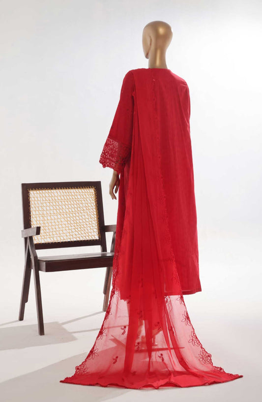 Bin Saeed Embroidered Lawn Stitched 3 Piece Frock - SMK 107B - BS25LF - Red - Summer Collection