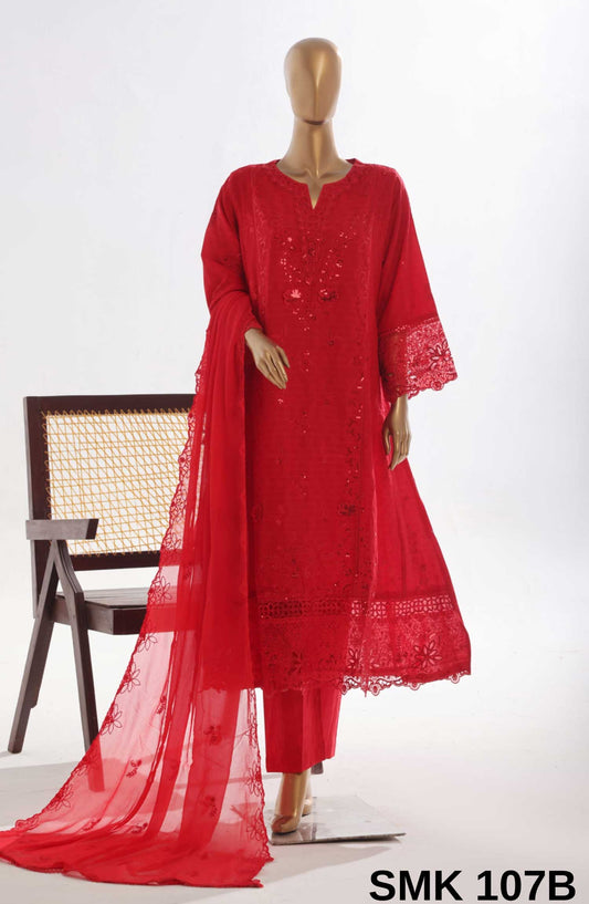 Bin Saeed Embroidered Lawn Stitched 3 Piece Frock - SMK 107B - BS25LF - Red - Summer Collection