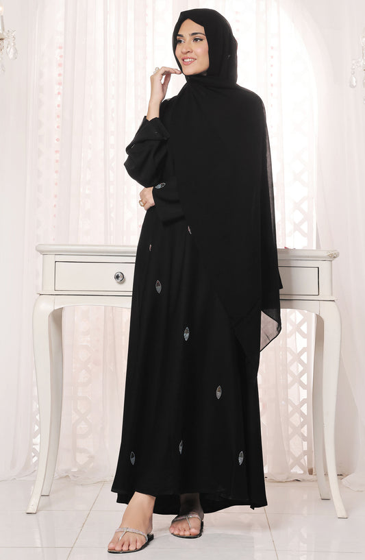 TGM Nazr e Haya Casual Women Abaya Front Closed Luxe Nidha - Black - Zunairah