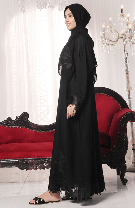 TGM Nazr e Haya Casual Women Abaya Front Open Luxe Nidha - Black - Saboor