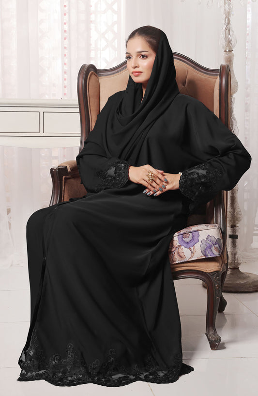 TGM Nazr e Haya Casual Women Abaya Front Open Luxe Nidha - Black - Neelam Black