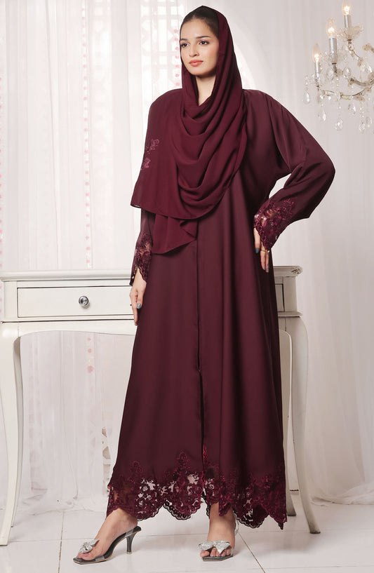 TGM Nazr e Haya Casual Women Abaya Front Closed Luxe Nidha - Maroon - Neelam